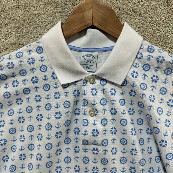 Brooks Brothers Performance Polo Shirt Mens L White Blue Nautical Print Slim Fit - Picture 4 of 11